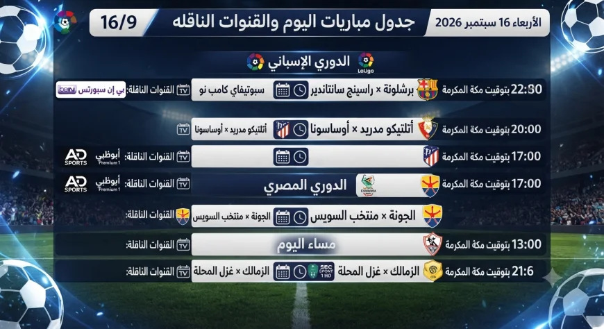 القنوات الناقلة لمباريات اليوم الأربعاء 16 سبتمبر 2026
