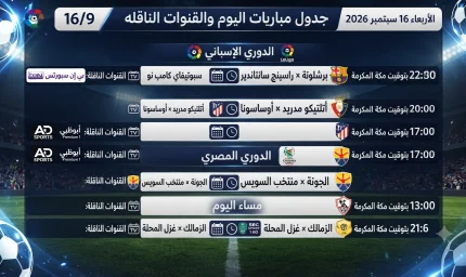 القنوات الناقلة لمباريات اليوم الأربعاء 16 سبتمبر 2026