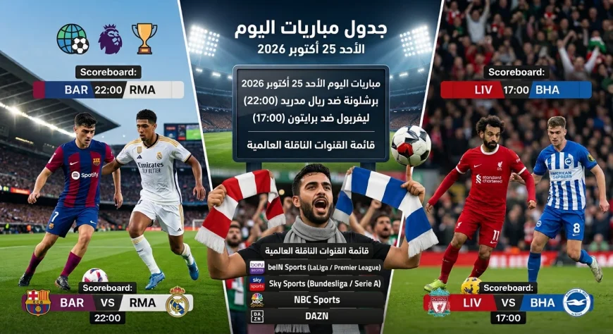 دليل مباريات اليوم الأحد 25 أكتوبر 2026 والقنوات الناقلة